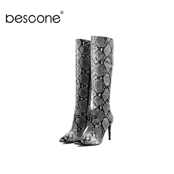 

boots bescone women over the knee pointed toe winter handmade super high heel shoes snake pattern zipper ladies by180, Black
