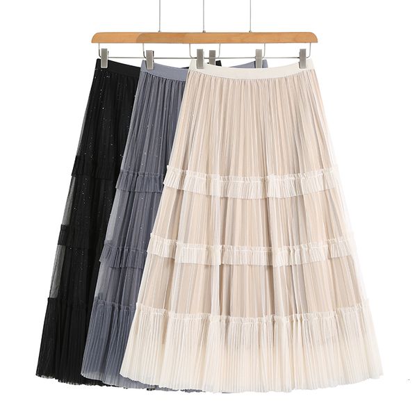 

skirts autumn cakee layered maxi long velvet metallic pleuche patchwork a-line pleated ankle mesh kx65, Black