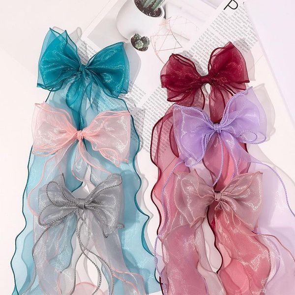 

hair accessories lace bow clip,long ribbon duckbill clip,organza streamers hairpins,kids accessories,knotted bows ornament sweet barret, Slivery;white