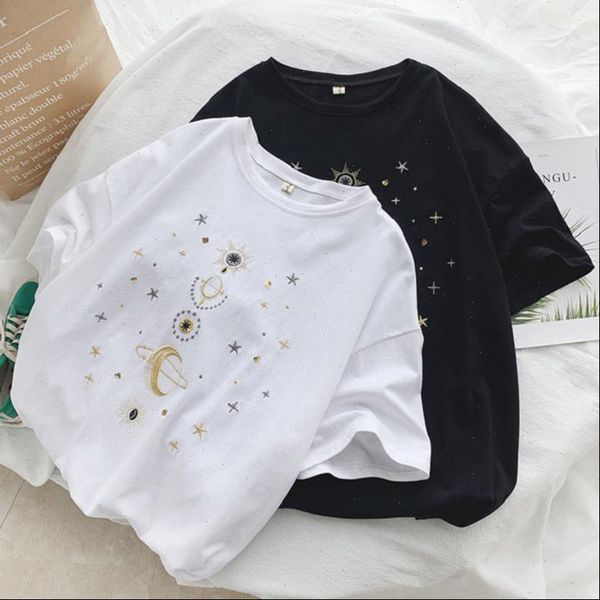 

fashion womens t shirt star moon print tee femme korean kawaii women funny short sleeve shirts harajuku loose black ulzzang, White