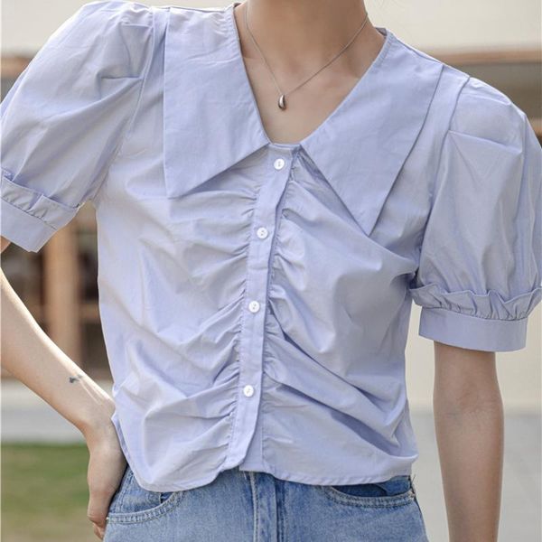 

women's blouses & shirts chic folds v-neck button blouse women summer elegant ruffled puff sleeve female french style woman short, White