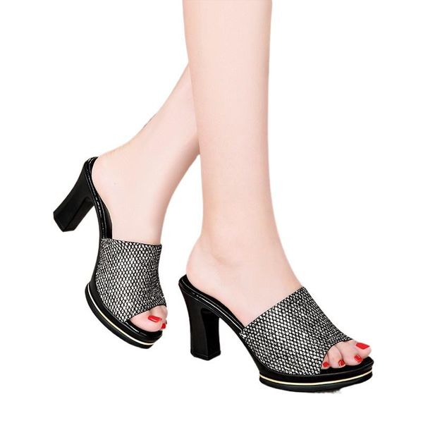 

summer sandals women sequins high heels 7cm bling slip on shoes woman party club dress slippers mujer, Black
