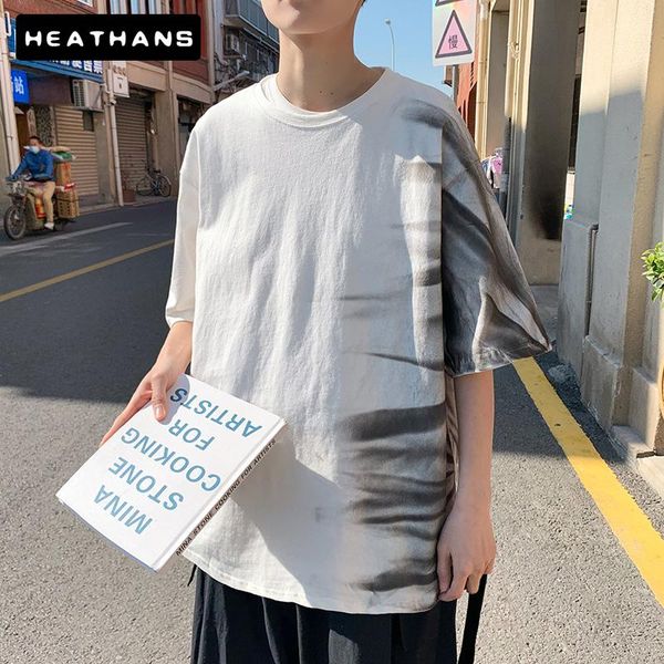 

summer t-shirt men's short sleeved harajuku style t shirt men street graffiti tie-dye printing loose oversize casual t-shirts, White;black
