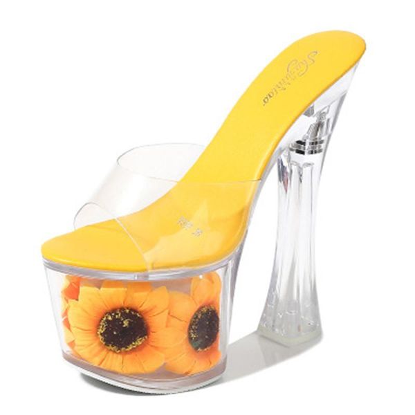 

slippers high heel shoes sunflower thick square 17-18cm waterproof platform transparent crystal wedding, Black