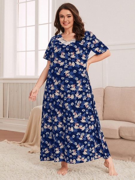 

plus floral print lace insert nightdress f2v1#, Black;white
