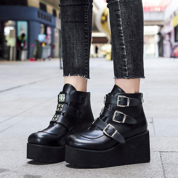 

boots the zipper solid color winter shoes metal buckle ankle women fashion high platform wedges nhkh, Black