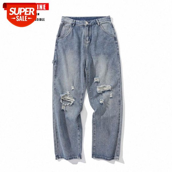 

tkpa knee hole loose straight jeans daddy pants men's retro hip hop hiphop #n08q, Blue