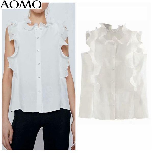 

women's blouses & shirts aomo fashion women ruffle sleeveless white for summer pearl buttons elegant office ladies work wear 6p06a