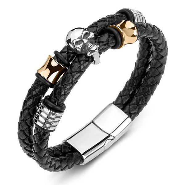 

charm bracelets double braided leather rope men handmade stainless steel skull party bangles punk hip hop skeleton jewelry gifts p186, Golden;silver