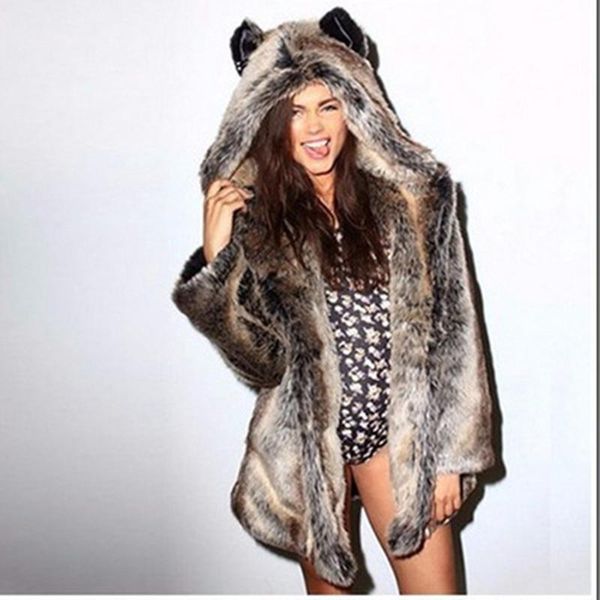 

women's fur & faux coats autumn winter imitation street style wolf ear hood mid-length women warm 6xl 7xl 8xl 9xl outwear xf892, Black