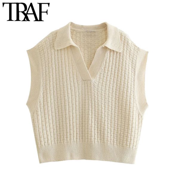 

traf women fashion oversized knitted vest sweater vintage lapel collar sleeveless female waistcoat chic, Black