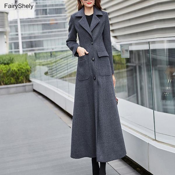 

women's wool & blends fairyshely vintage long woolen coat 2021 women autumn winter button pocket plus size section office lady elegant, Black