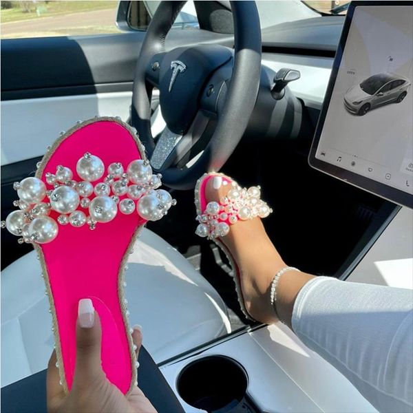 

slippers 2021 pearl women summer sandals fashion bling female candy color beach crystal flat shoes outdoor, Black