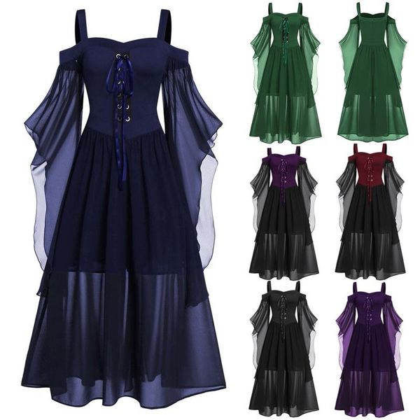 Vestidos casuais womne gothic princesa vestido victorian luxo frio ombro borboleta manga lace up halloween traje cosplay vintage