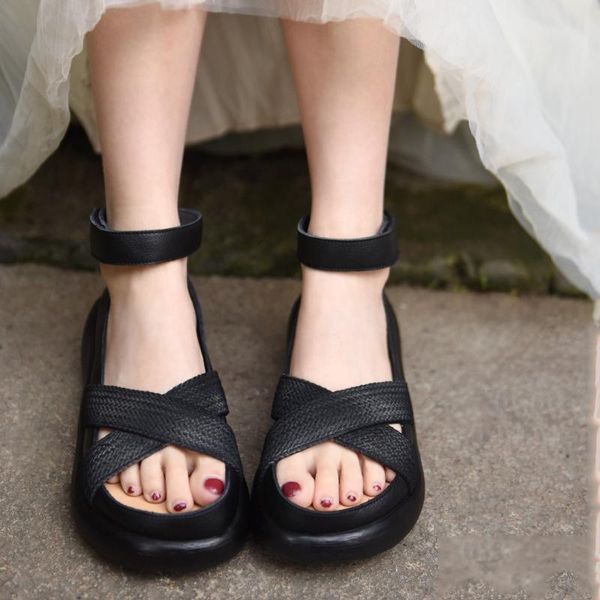 

dress shoes artmu genuine leather women sandals cross belt wedges 2021 summer hook & loop handmade ladies platform, Black