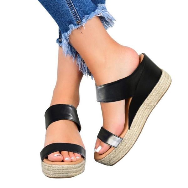 

sandals telotuny summer platform wedges women open toe breathable beach slip-on straw casual high heel chaussure femme, Black