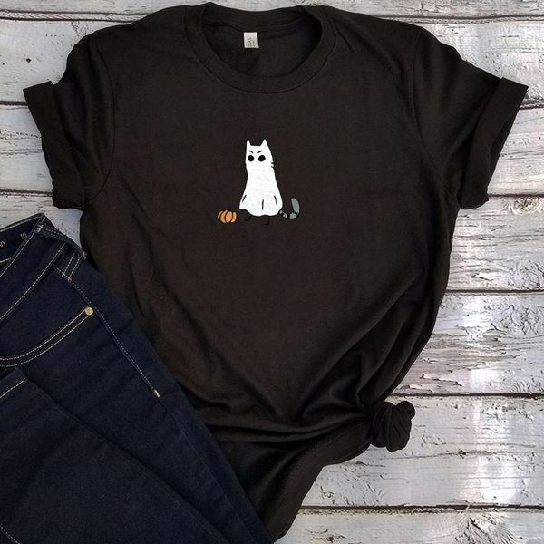 

women's t-shirt ghost cat pumpkin halloween shirt harajuku punk clothes 2021 tshirt lover tee spooky oversized print, White