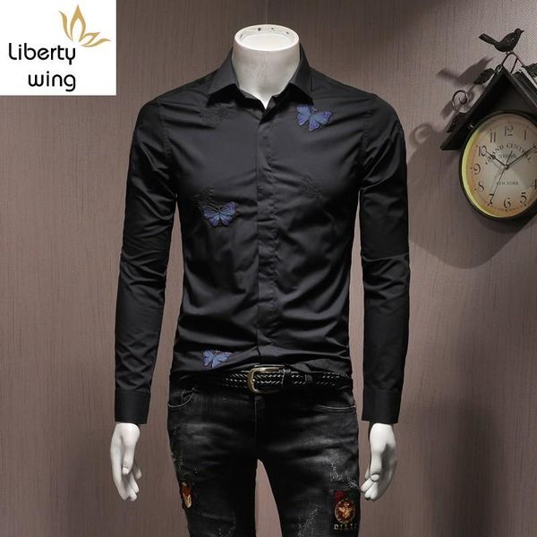 

men's casual shirts men long sleeve embroidery slim square collar black blouse fashion autumn office single breasted shirt, White;black