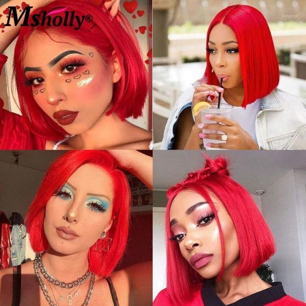 

colored short bob lace front human hair wigs glueless pre plucked pink red yellow straight brazilian for women1, Black;brown
