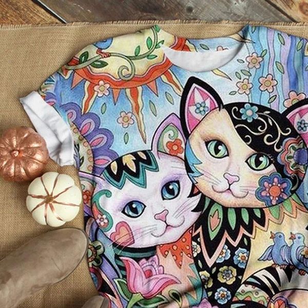 

t womens shirt women harajuku plus size short sleeve cat printed o neck camisetas mujer, White