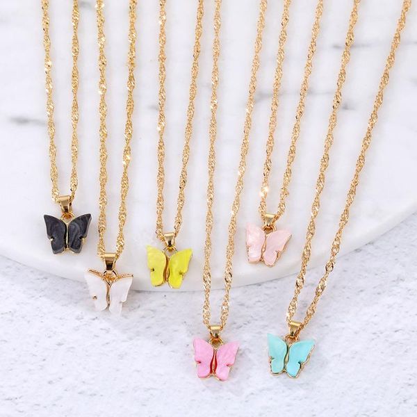 

pendant necklaces bohemia acrylic butterfly necklace statement women vintage 6 color gold long chain choker jewelry gift, Silver