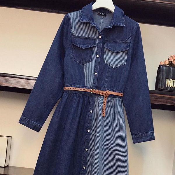 

casual dresses women's dress 2021 autumn temperament aging denim skirt is thin over the knee medium length xxxl robe vintage, Black;gray