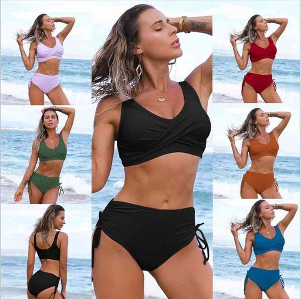

style of twist swimsuit bikini women high waist pure color bikini, White;black