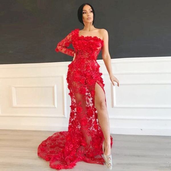

setwell one shoulder mermaid evening dresses lace appliques high split floor length red prom party gowns, Black;red