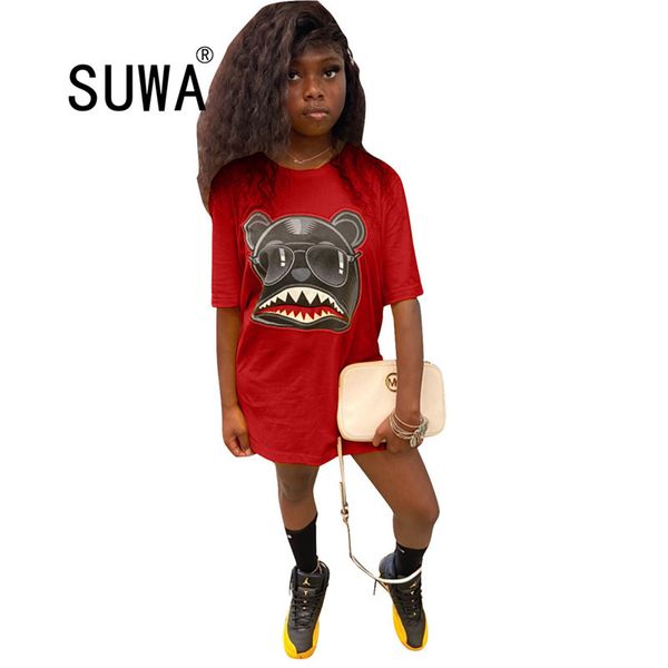 

comic print women summer dress wholesale high street fashion t-shirt short sleeve straight hip hop 210525, Black;gray