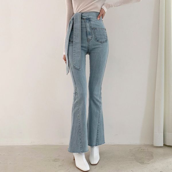 

korean retro high waist skinny jeans woman lace up multi pocket slim fit bottoms flare pants womens clothing 8a072 210513, Blue