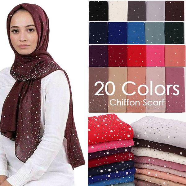 

scarves women's bubbles chiffon hijab scarf plain diamond beads pearls shawls solid color islamic muslim wrap headscarf, Blue;gray
