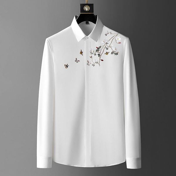 

men's casual shirts embroidery dress shirt mens streetwear italy social smoking clothing slim 2021 herfst long mouwen, White;black