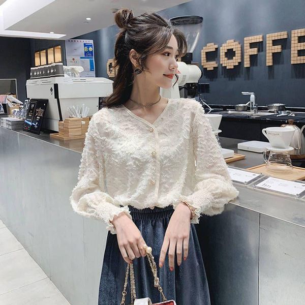 

women's blouses & shirts women long sleeve white lace blouse sweet ladies fringed feather perspective v neck elegant solid chiffon shi