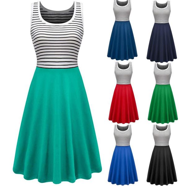 

casual dresses women summer beach scoop neck sleeveless soft striped a-line sun dress 2021 print sundress vacation clothes, Black;gray