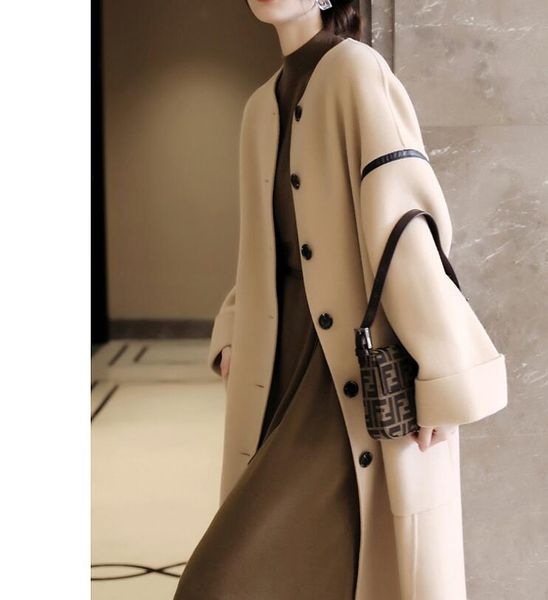 

women's wool & blends woolen coat middle long 2021 winter style versatile collarless, Black