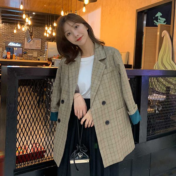 

spring and autumn long women blazer large size high-quality fashion suit jacket ladies office lattice 210527, White;black