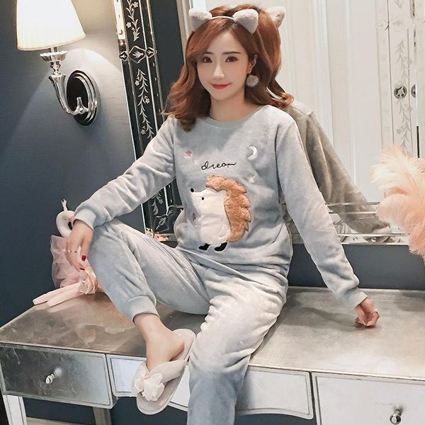 

Autumn Womens Sleepwears Winter Warm Flannel Women Pyjamas Sets Thick Coral Velvet Long Sleeve Cartoon Sleepwear Thin Pajamas Set For, Black;red