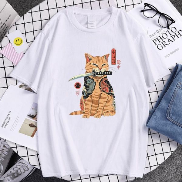 

men's t-shirts summer japanese cat anime katana print t-shirt street funny short sleeve men rock oversized, White;black