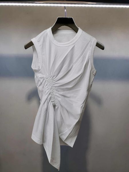 

women's t-shirt fashion classic brand luxury design round neck sleeveless pleated cotton irregular t-shirt women spring summer a2 4yu9, White