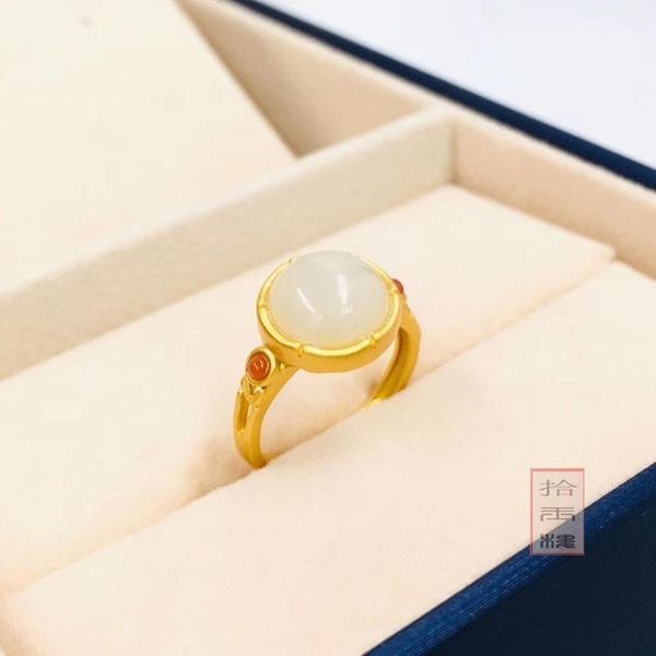 

cluster rings natural an white jade small mouth adjustable ring chinese court style design elegant women's christmas halloween gift, Golden;silver