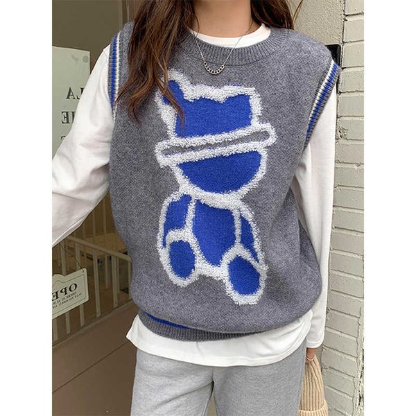 

sweater vest autumn winter spring female hit color bear knitted outer wear vest 210709, White