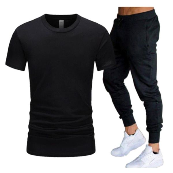 

men's tracksuits summer fashion t-shirt + sports suit pure color high-running, Gray