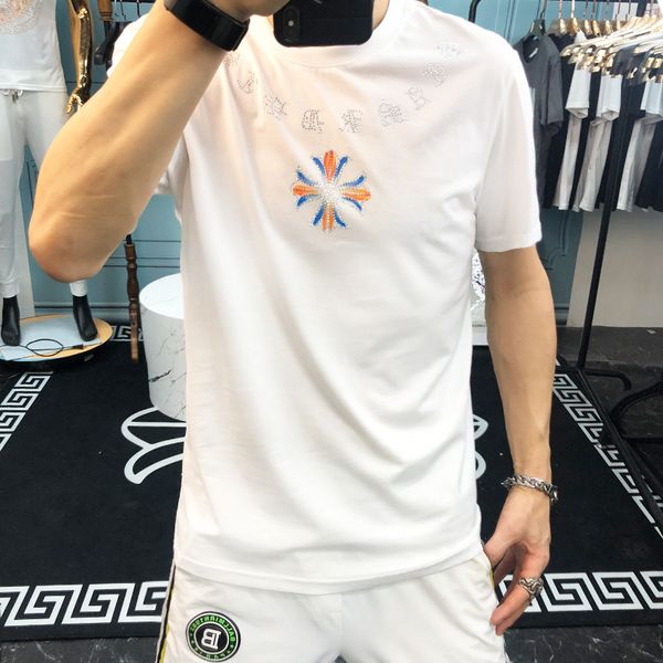 

crosin short sleeve t-shirt fashion cross color drawing drilling mercerized cotton round neck slim europea, White
