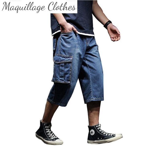 

men summer cargo denim shorts multi pockets loose jeans for male solid color men's, Blue
