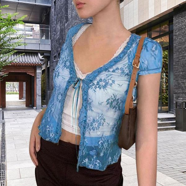 

women's t-shirt lace crop women summer harajuku streetwear see through floral shirt ladies short-sleeved, White