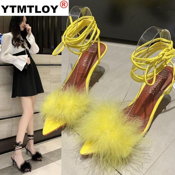 

summer woman fine with pumps pvc transparent feather perspex crystal high heels fur peep toe mules sandals ladies bandage shoes dress, Black
