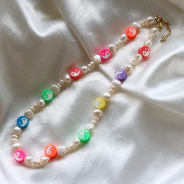 

chokers colorful acrylic handmade cute tai chi pearl necklace bohemian yin yang bead for women trendy jewelry gift, Golden;silver
