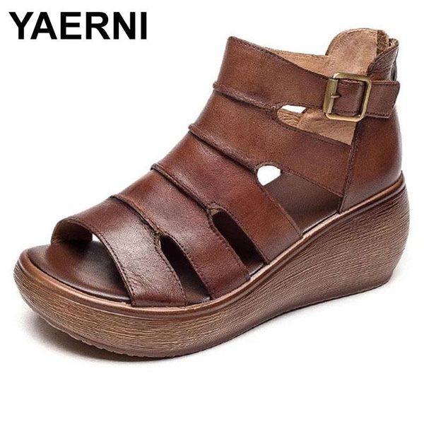 

sandals yaerni genuine leather ladies openwork flat set beach shoes s2618 brown apricot color summer daily leisure, Black