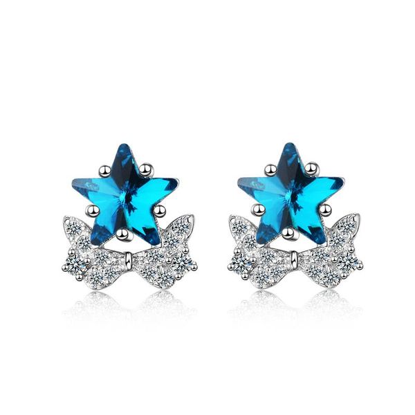 

stud onevan charm 925 silver earrings for women wedding exquisite crystal blue star cute butterfly earring jewelry lady birthday gift, Golden;silver