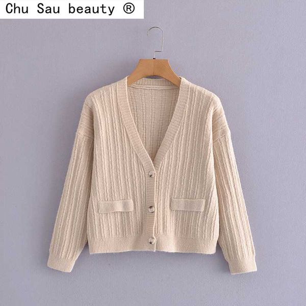

women's knits & tees 2021 autumn winter vintage v-neck single breasted knitted cardigan loose sweater jacket, White